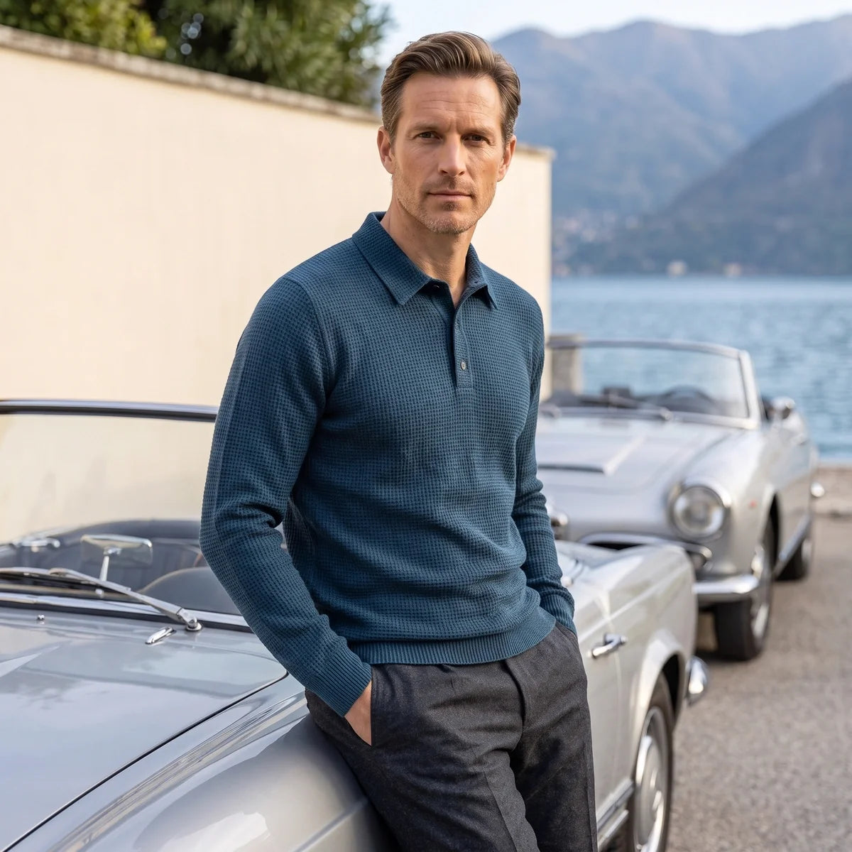 Piers Textured Knit Long Sleeve Polo Sweater