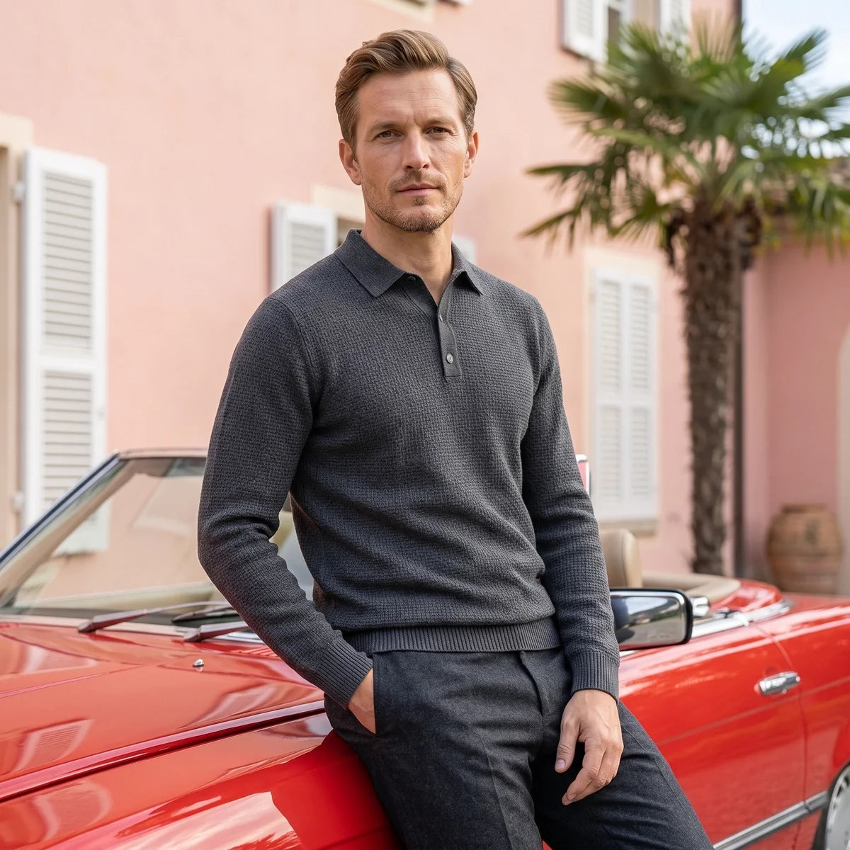 Piers Textured Knit Long Sleeve Polo Sweater