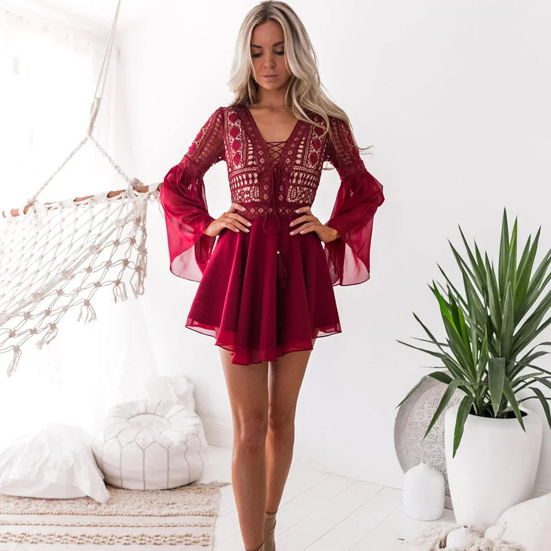 Pippa | V-Neck Lace Up Boho Summer Mini Dress with Flared Sleeves