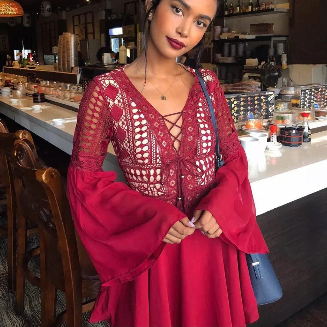 Pippa | V-Neck Lace Up Boho Summer Mini Dress with Flared Sleeves