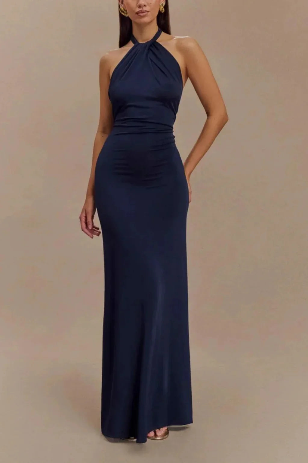 Pippa | Wedding Guest Bodycon Halter Maxi Dress with Open Back
