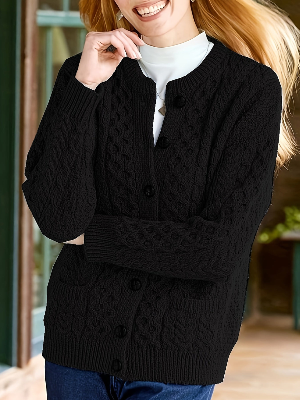Women's Cable Knit Cardigan with Button Front and Pockets