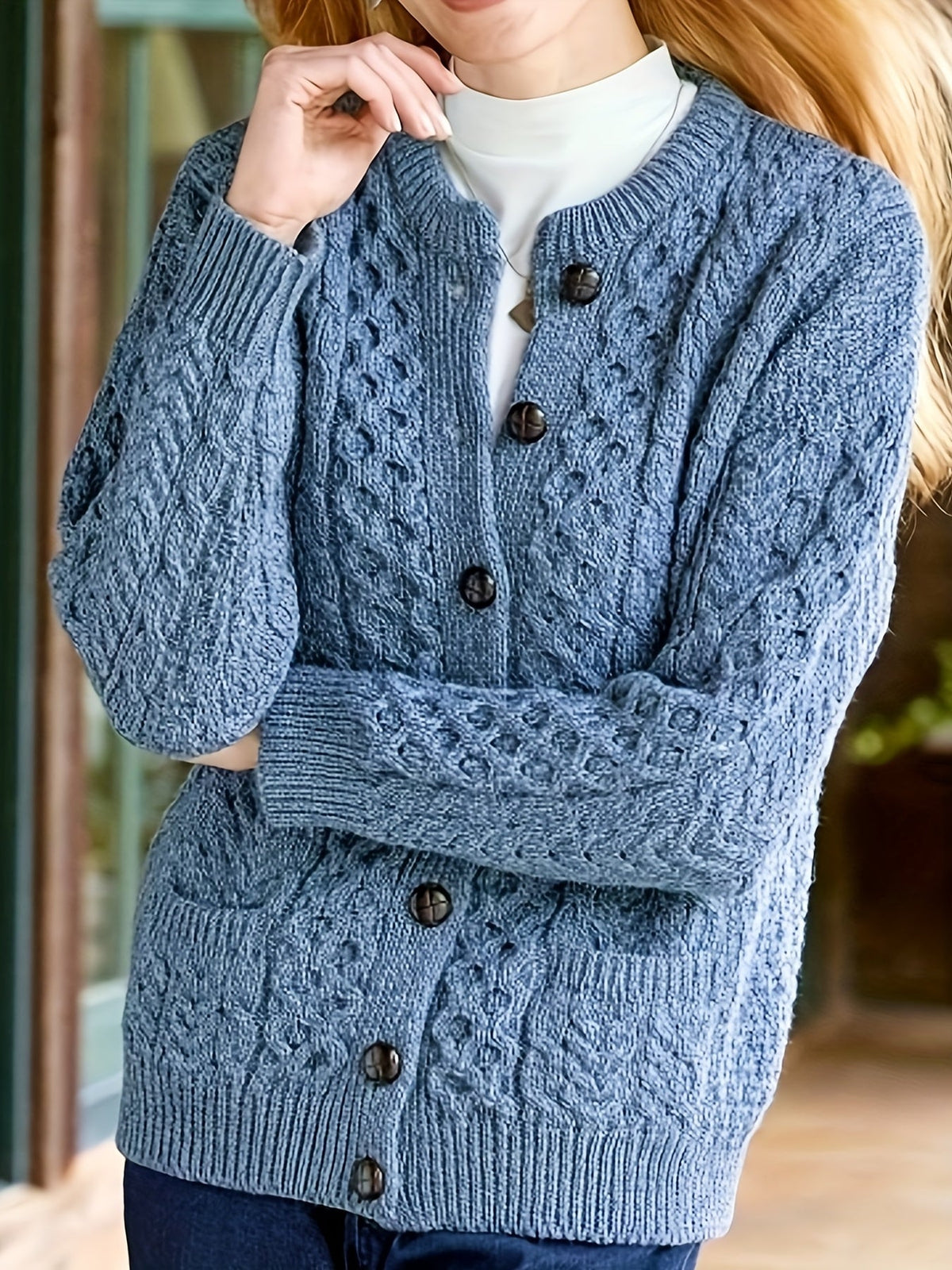 Women's Cable Knit Cardigan with Button Front and Pockets