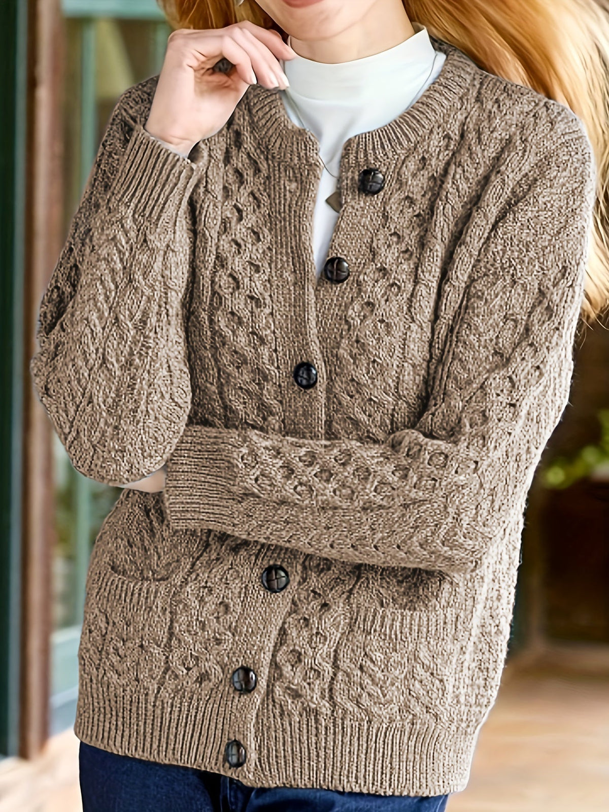 Women's Cable Knit Cardigan with Button Front and Pockets