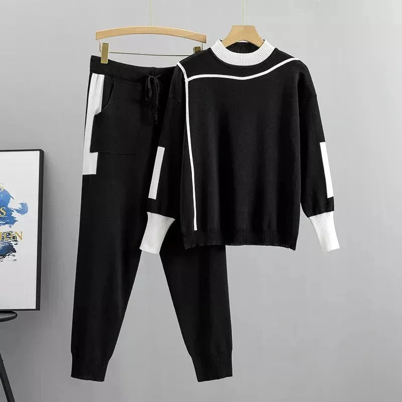 Women's colorblock knit stand collar two piece set