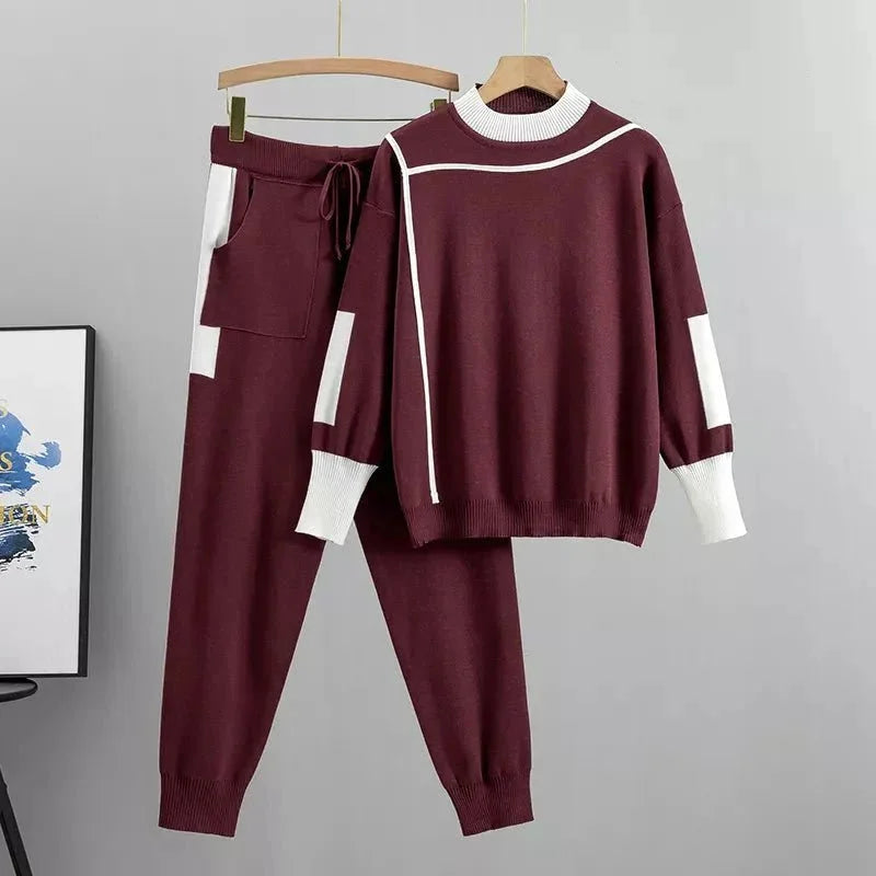 Women's colorblock knit stand collar two piece set