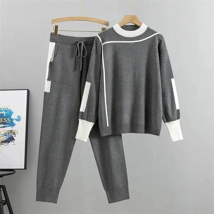 Women's colorblock knit stand collar two piece set