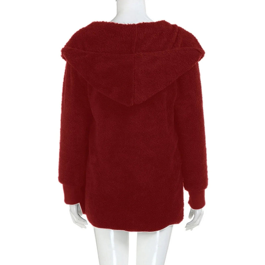Women's Long Fluffy Coat with Hood and Open Front