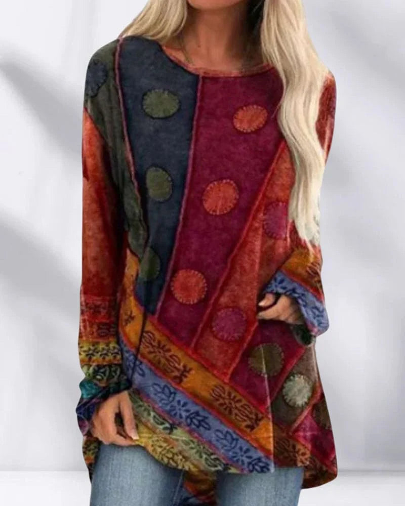 Polly | Women's Patchwork Print Long Sleeve T-Shirt Blouse with Round Neck