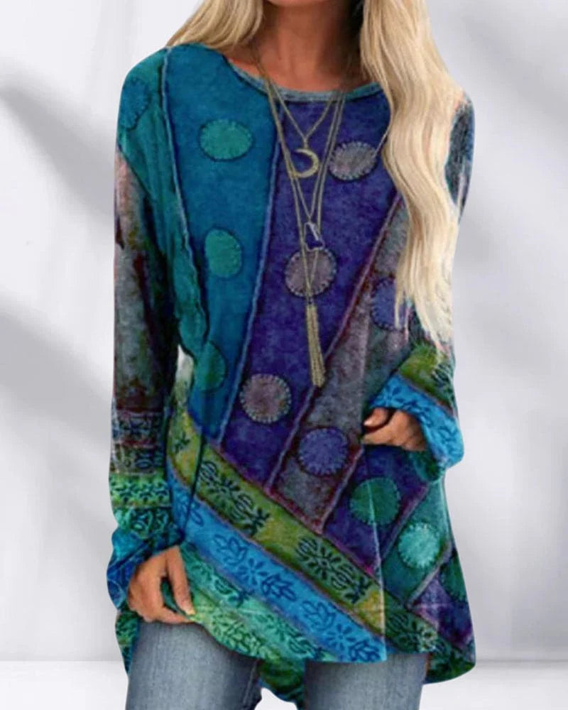 Polly | Women's Patchwork Print Long Sleeve T-Shirt Blouse with Round Neck