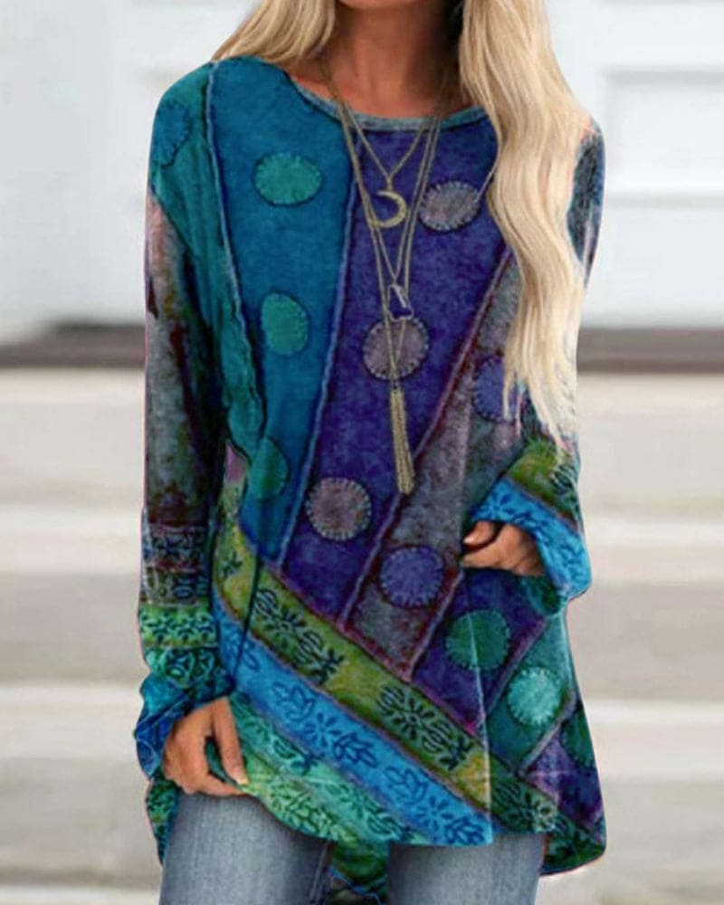 Polly | Women's Patchwork Print Long Sleeve T-Shirt Blouse with Round Neck