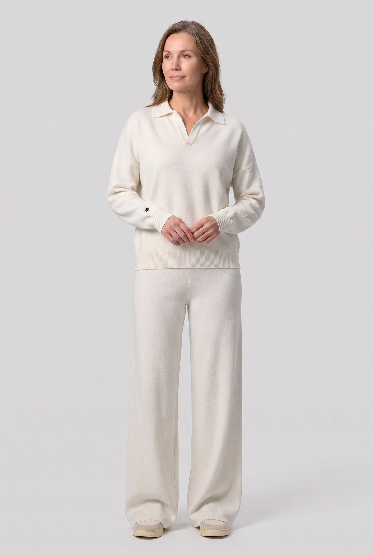 Teodora | Ribbed Knit Wide Leg Loungewear Set with Polo Collar for Women