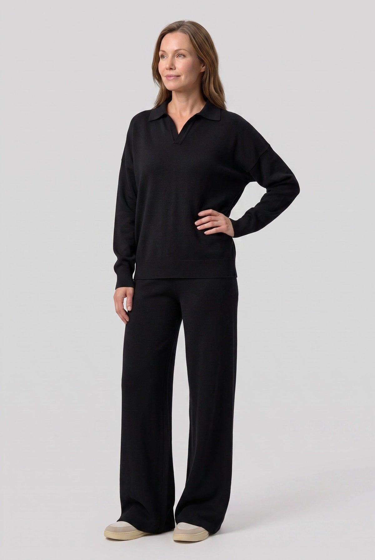 Teodora | Ribbed Knit Wide Leg Loungewear Set with Polo Collar for Women