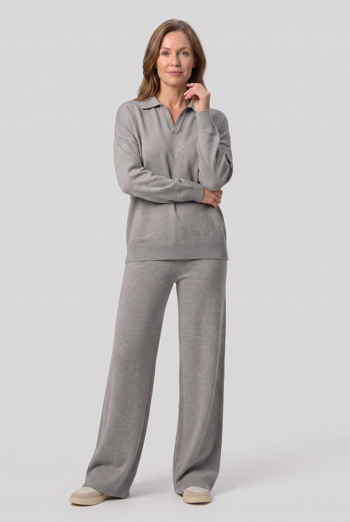 Teodora | Ribbed Knit Wide Leg Loungewear Set with Polo Collar for Women