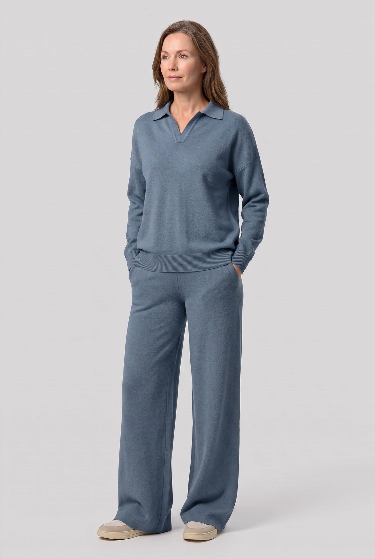 Teodora | Ribbed Knit Wide Leg Loungewear Set with Polo Collar for Women