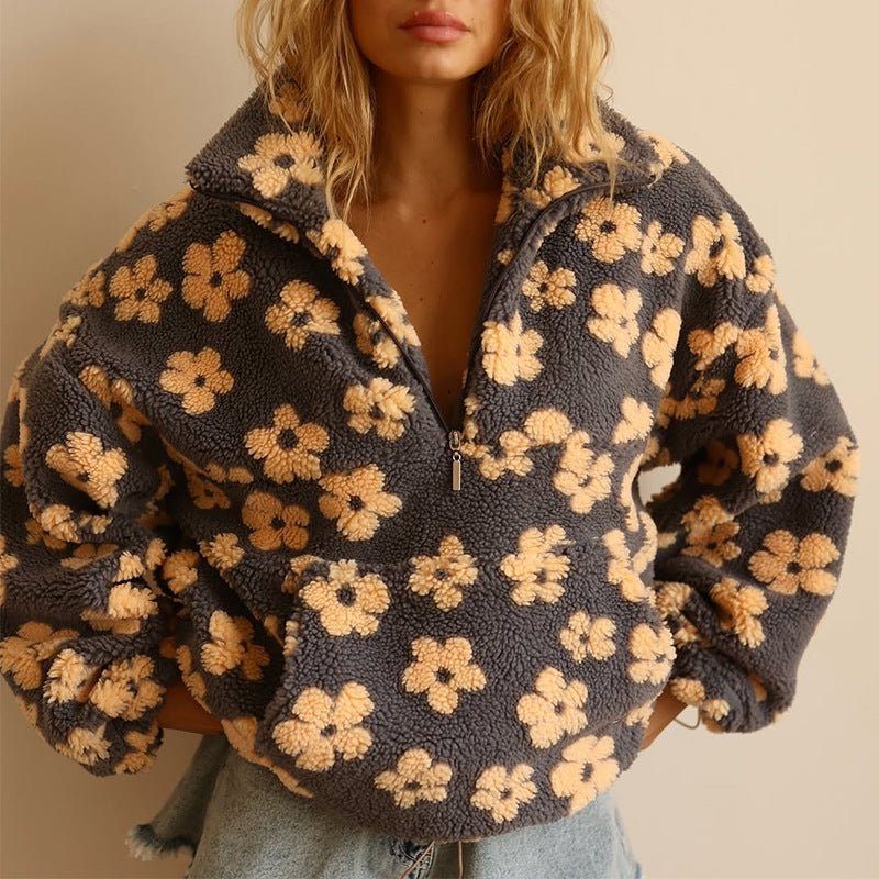 Poppy | Floral Oversized Teddy Fleece Jacket with Half-Zip for Women