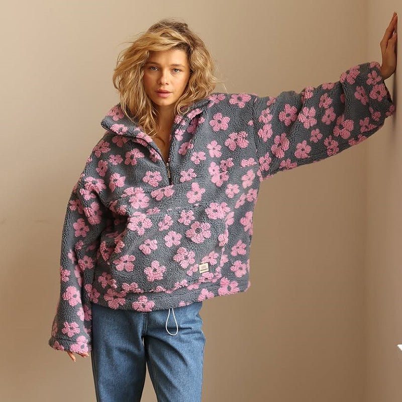 Poppy | Floral Oversized Teddy Fleece Jacket with Half-Zip for Women