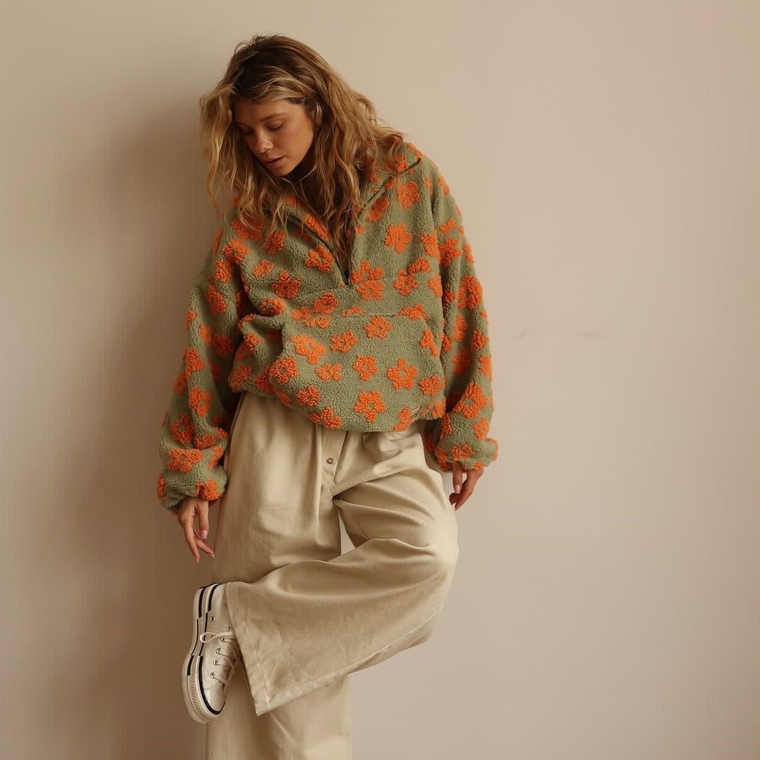 Poppy | Floral Oversized Teddy Fleece Jacket with Half-Zip for Women