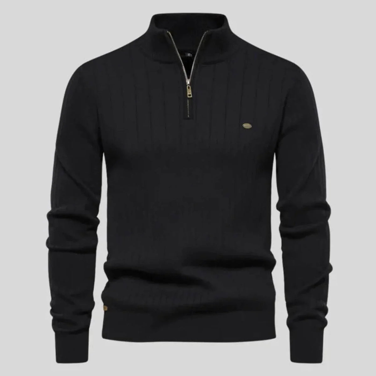 Women's ribbed stand collar half zip sweater with small chest emblem