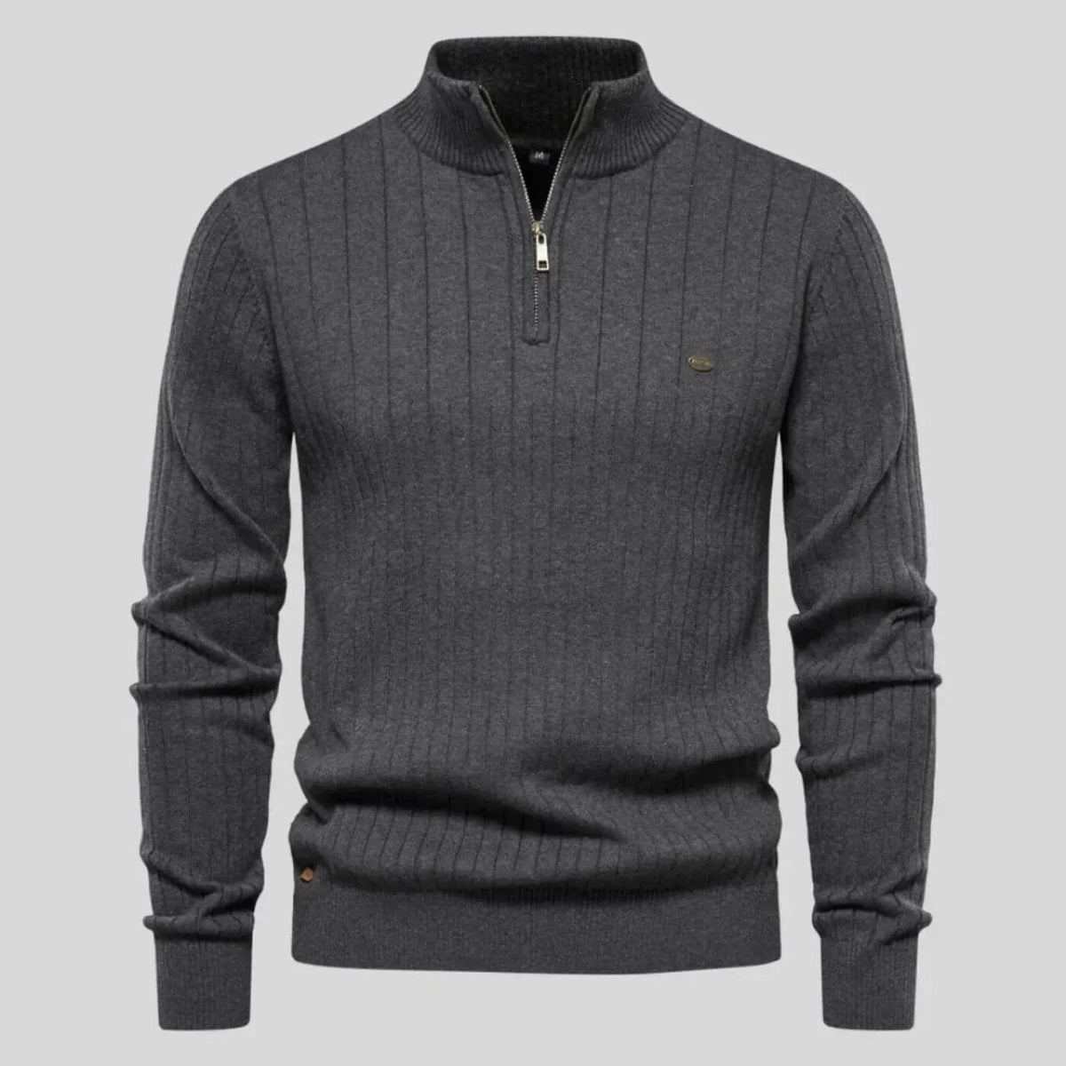 Women's ribbed stand collar half zip sweater with small chest emblem