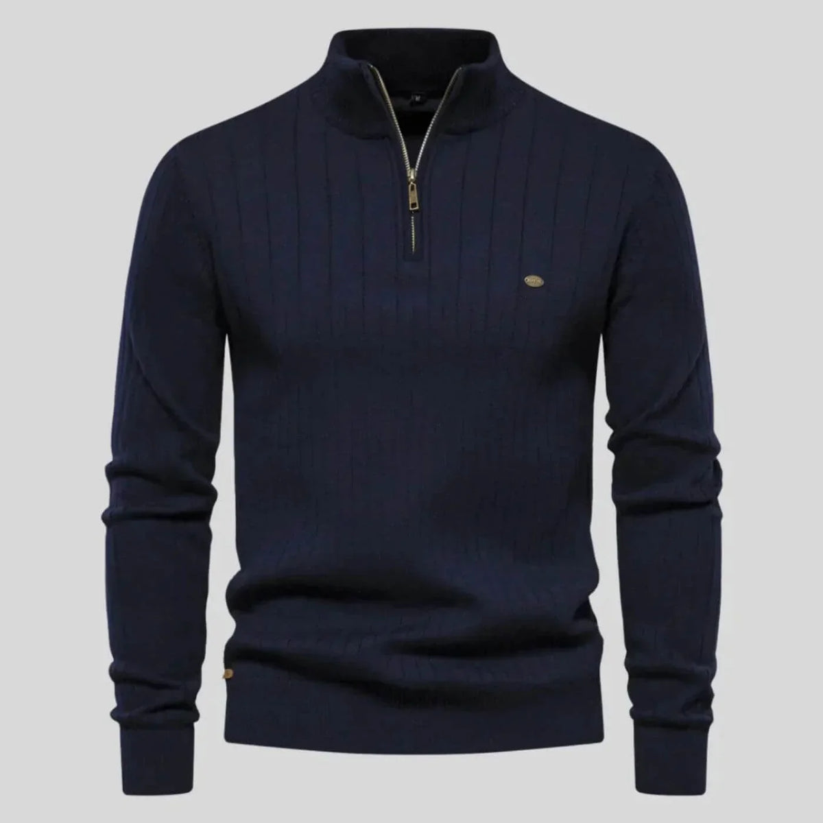 Women's ribbed stand collar half zip sweater with small chest emblem