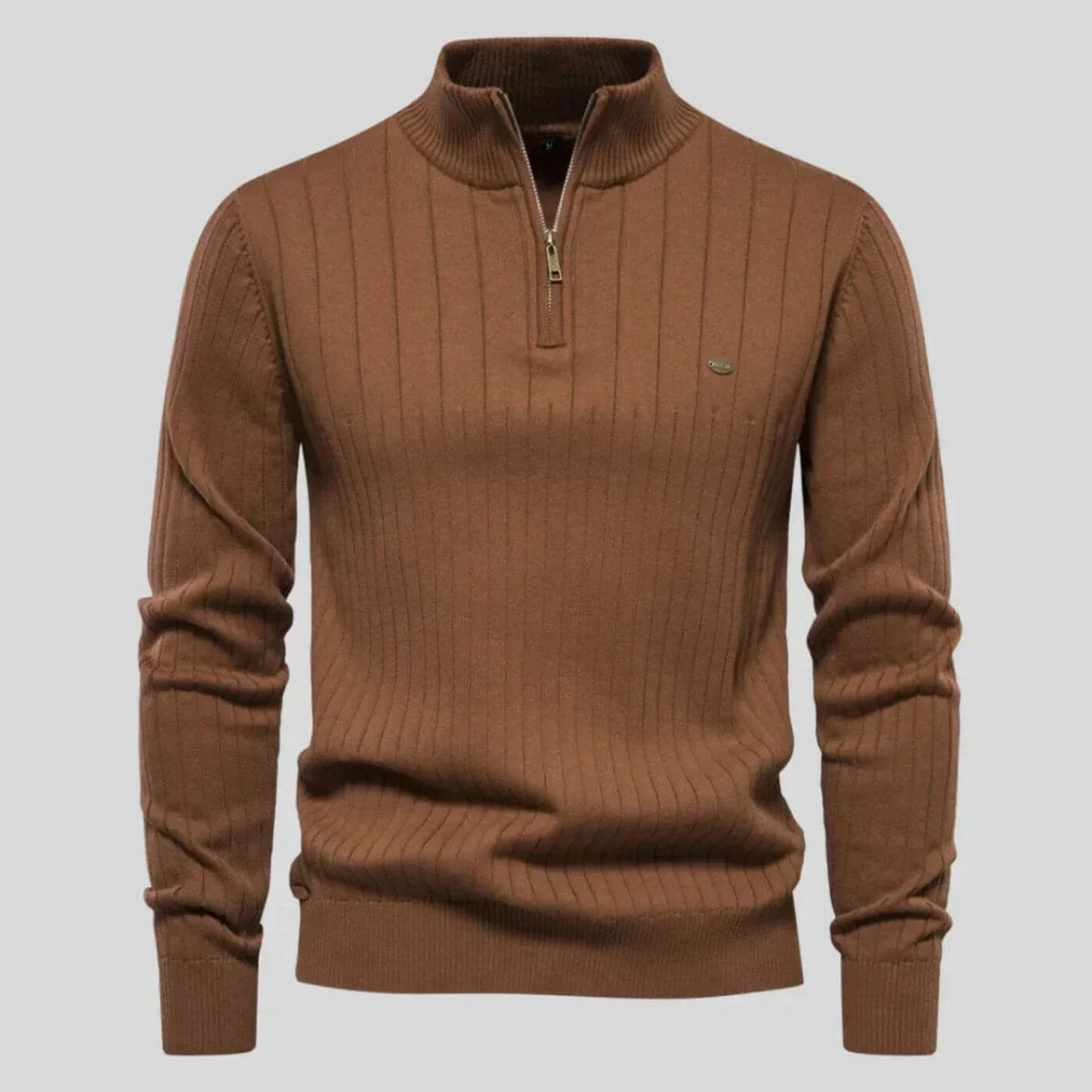Women's ribbed stand collar half zip sweater with small chest emblem