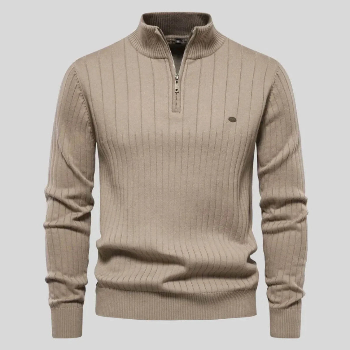 Women's ribbed stand collar half zip sweater with small chest emblem