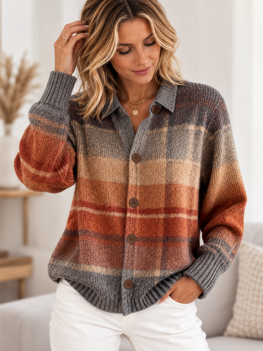 Primrose | Plaid Button-Down Cardigan with Long Sleeves for Women