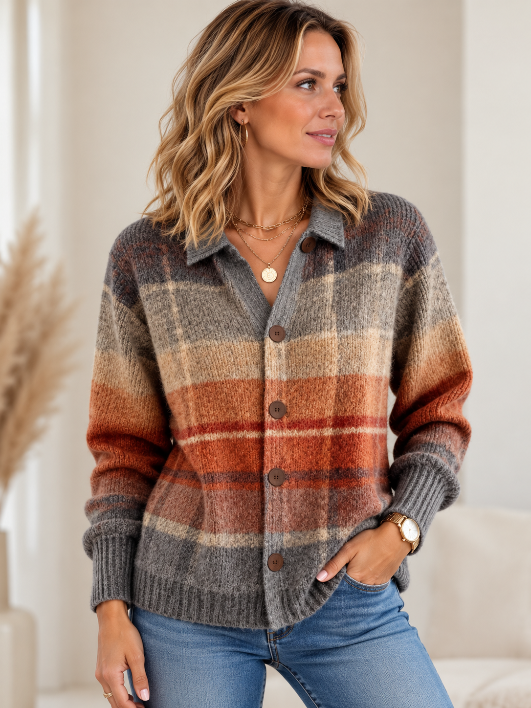 Primrose | Plaid Button-Down Cardigan with Long Sleeves for Women