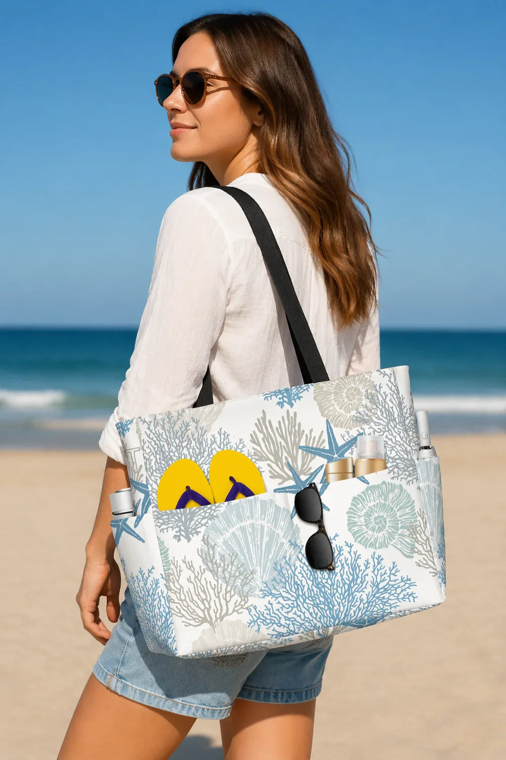 Prudence | Women's Beach Tote Bag with Shell Print and External Pockets