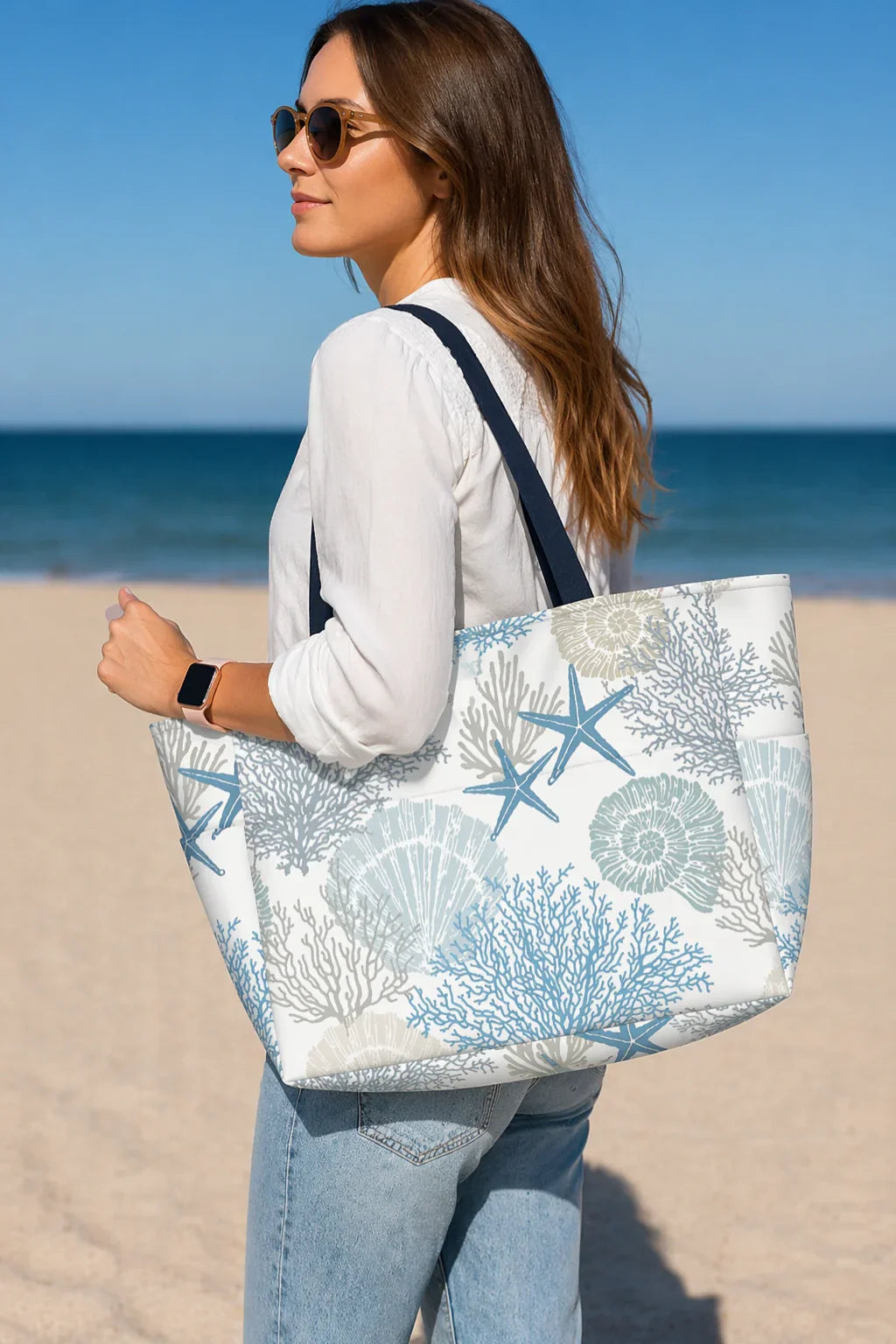Prudence | Women's Beach Tote Bag with Shell Print and External Pockets