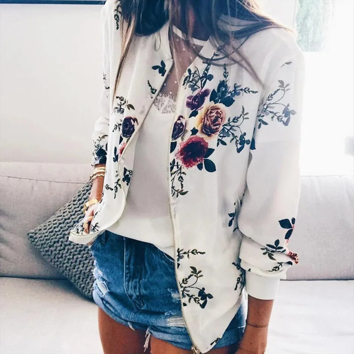 Prudence | Women's Floral Bomber Jacket with Ribbed Cuffs