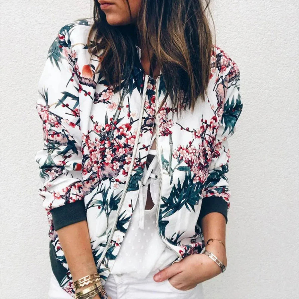 Prudence | Women's Floral Bomber Jacket with Ribbed Cuffs