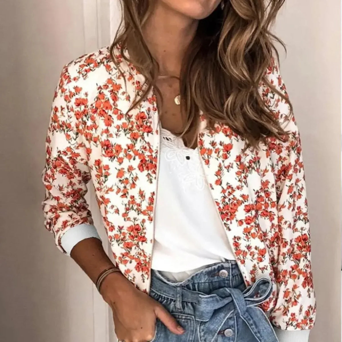 Prudence | Women's Floral Bomber Jacket with Ribbed Cuffs