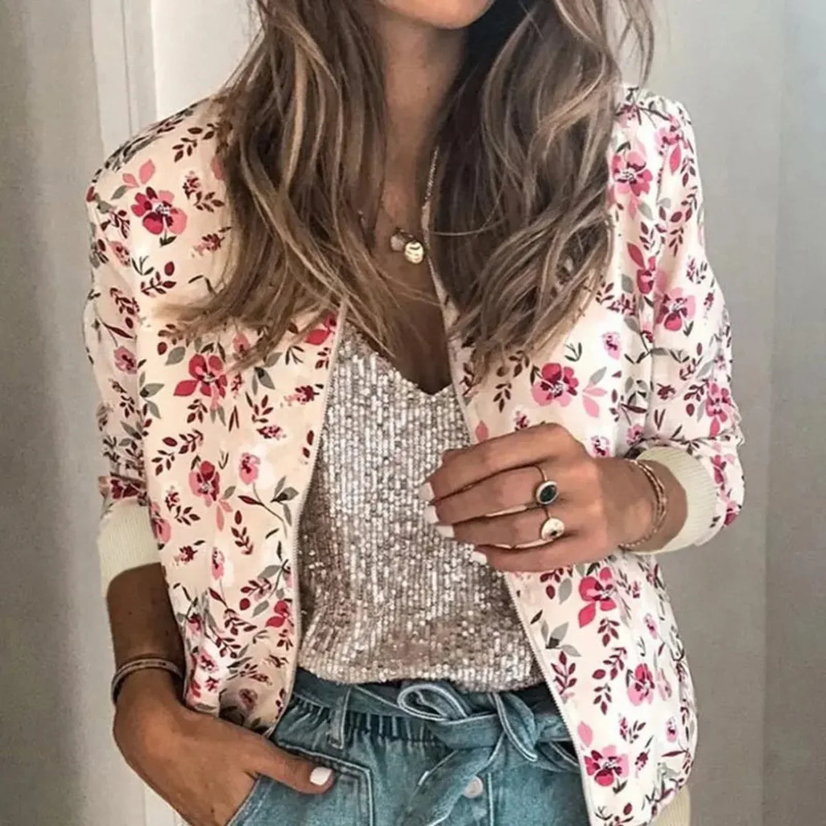 Prudence | Women's Floral Bomber Jacket with Ribbed Cuffs