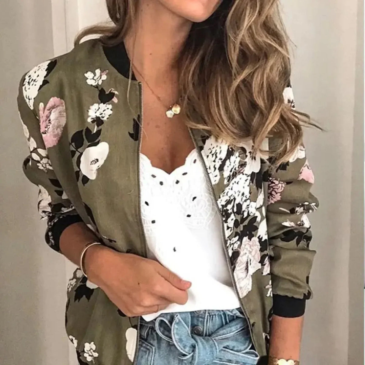 Prudence | Women's Floral Bomber Jacket with Ribbed Cuffs