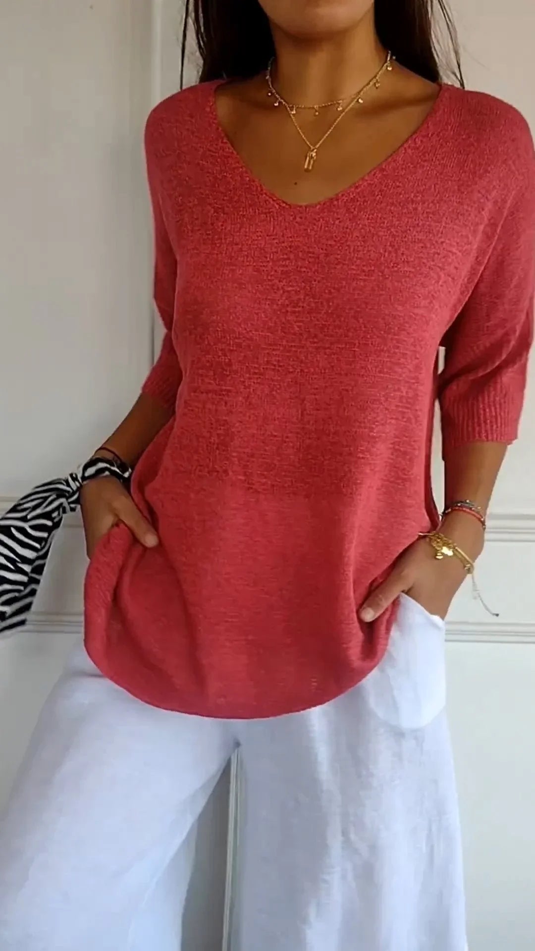 Prudence | Women's Summer V-Neck Knit Sweater with Three Quarter Sleeves