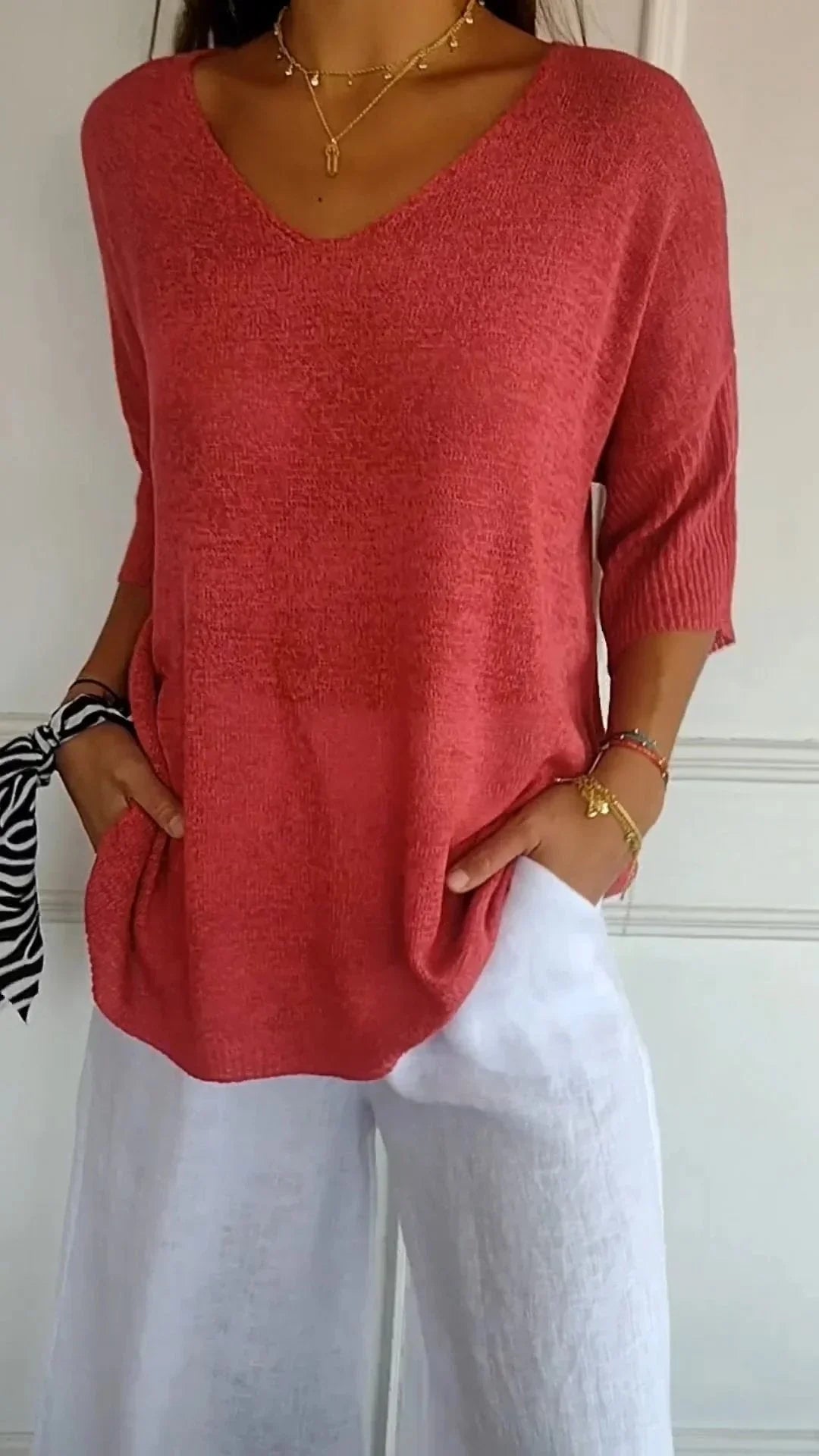 Prudence | Women's Summer V-Neck Knit Sweater with Three Quarter Sleeves