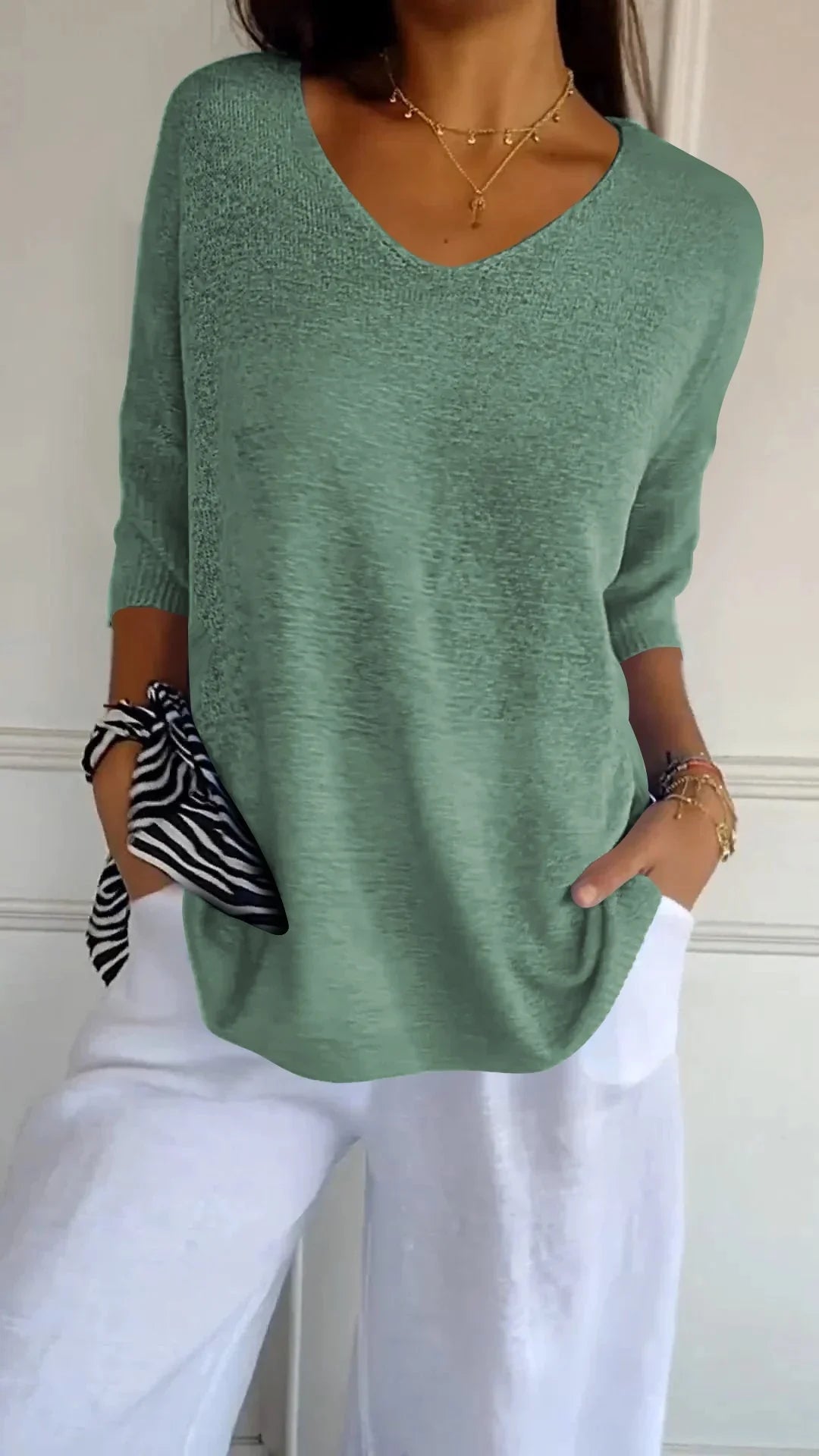 Prudence | Women's Summer V-Neck Knit Sweater with Three Quarter Sleeves