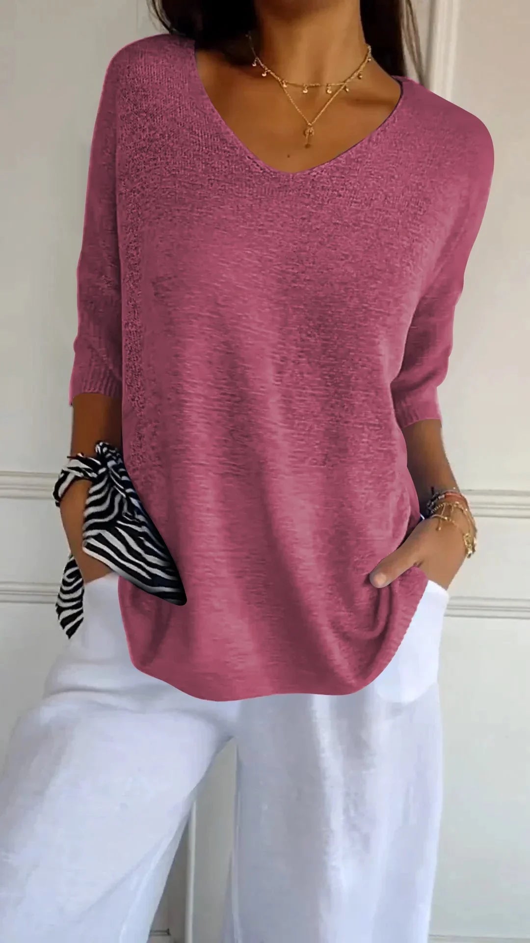 Prudence | Women's Summer V-Neck Knit Sweater with Three Quarter Sleeves