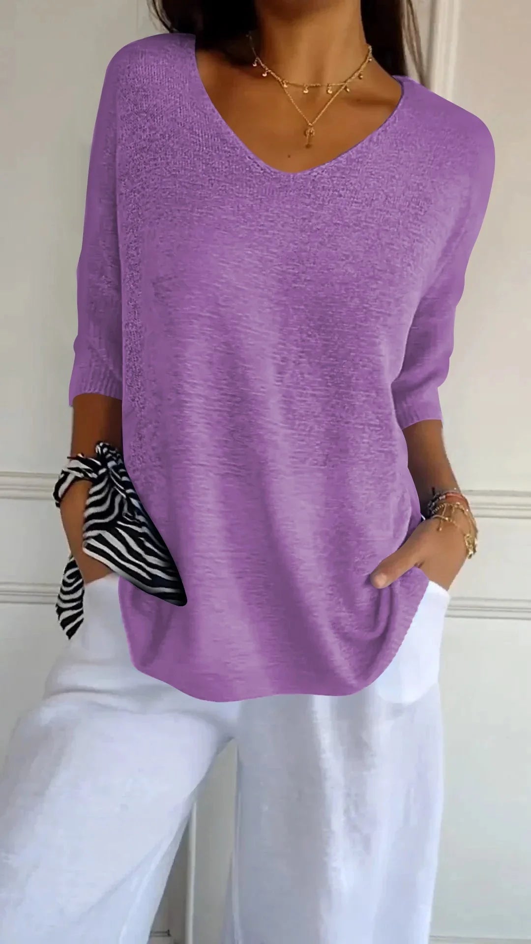 Prudence | Women's Summer V-Neck Knit Sweater with Three Quarter Sleeves
