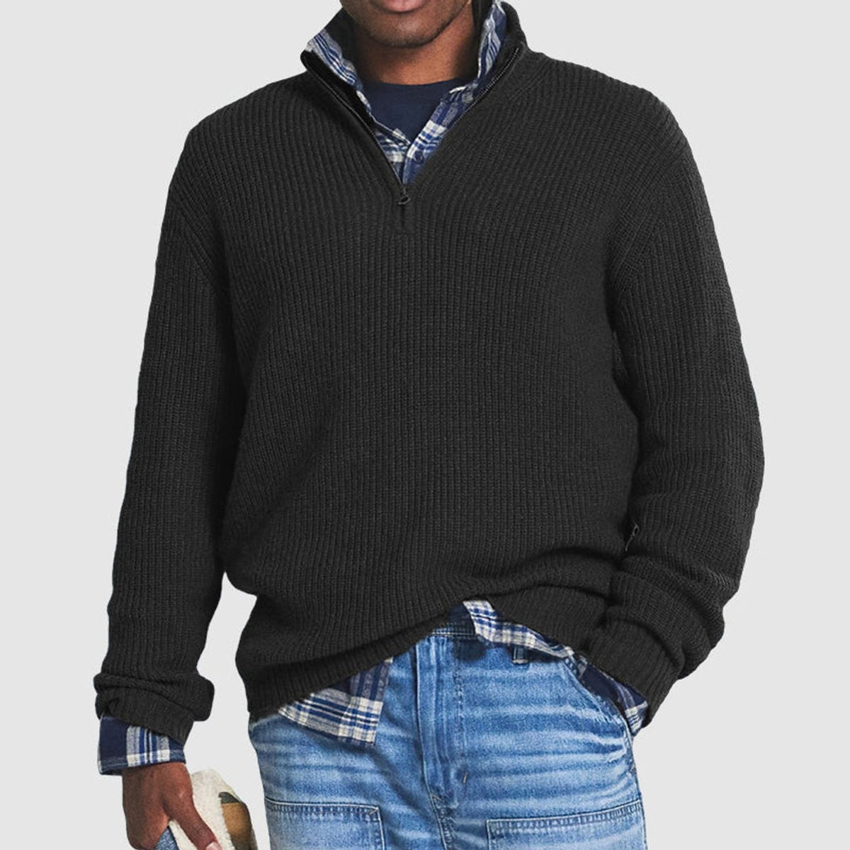 Men's Ribbed Quarter-Zip Sweater, Mock Neck, Long Sleeves