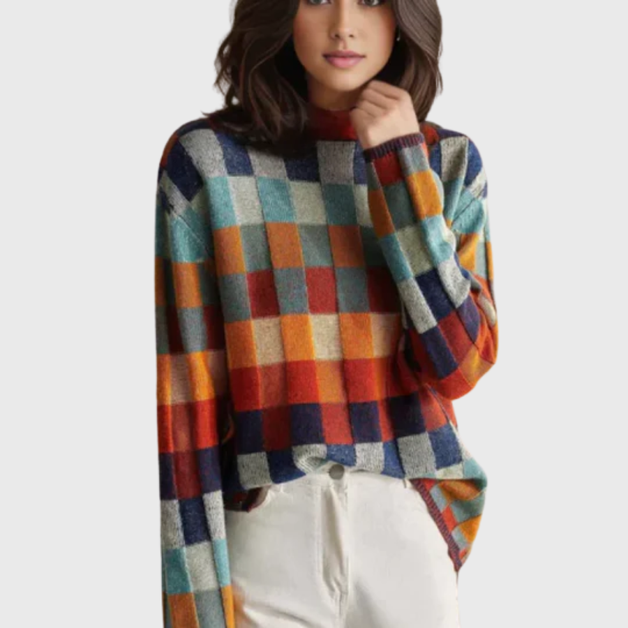 Women's Color Block Crew Neck Pullover Sweater with Relaxed Fit