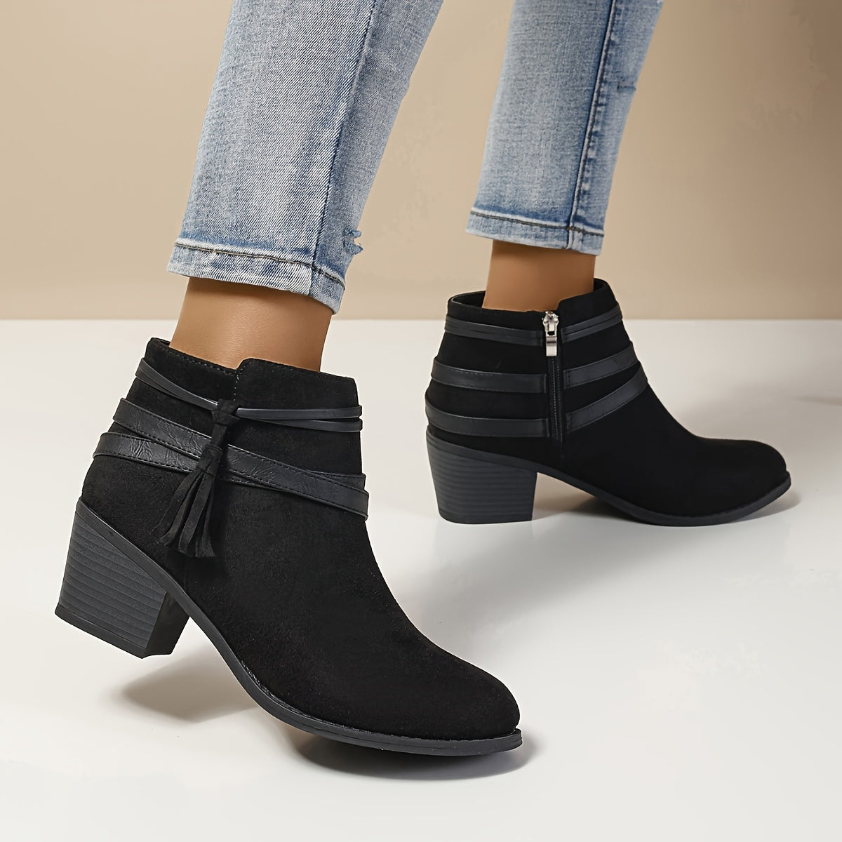 Women's Ankle Boots with Tassel Strap | Block Heel Booties, Pointed Toe and Side Zip | Size 5.5-10.5, Black or Beige