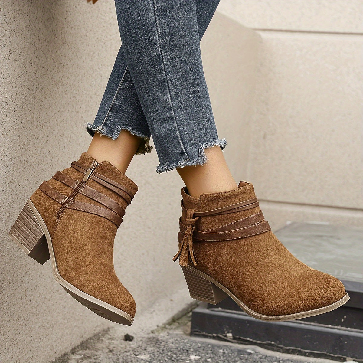 Women's Ankle Boots with Tassel Strap | Block Heel Booties, Pointed Toe and Side Zip | Size 5.5-10.5, Black or Beige