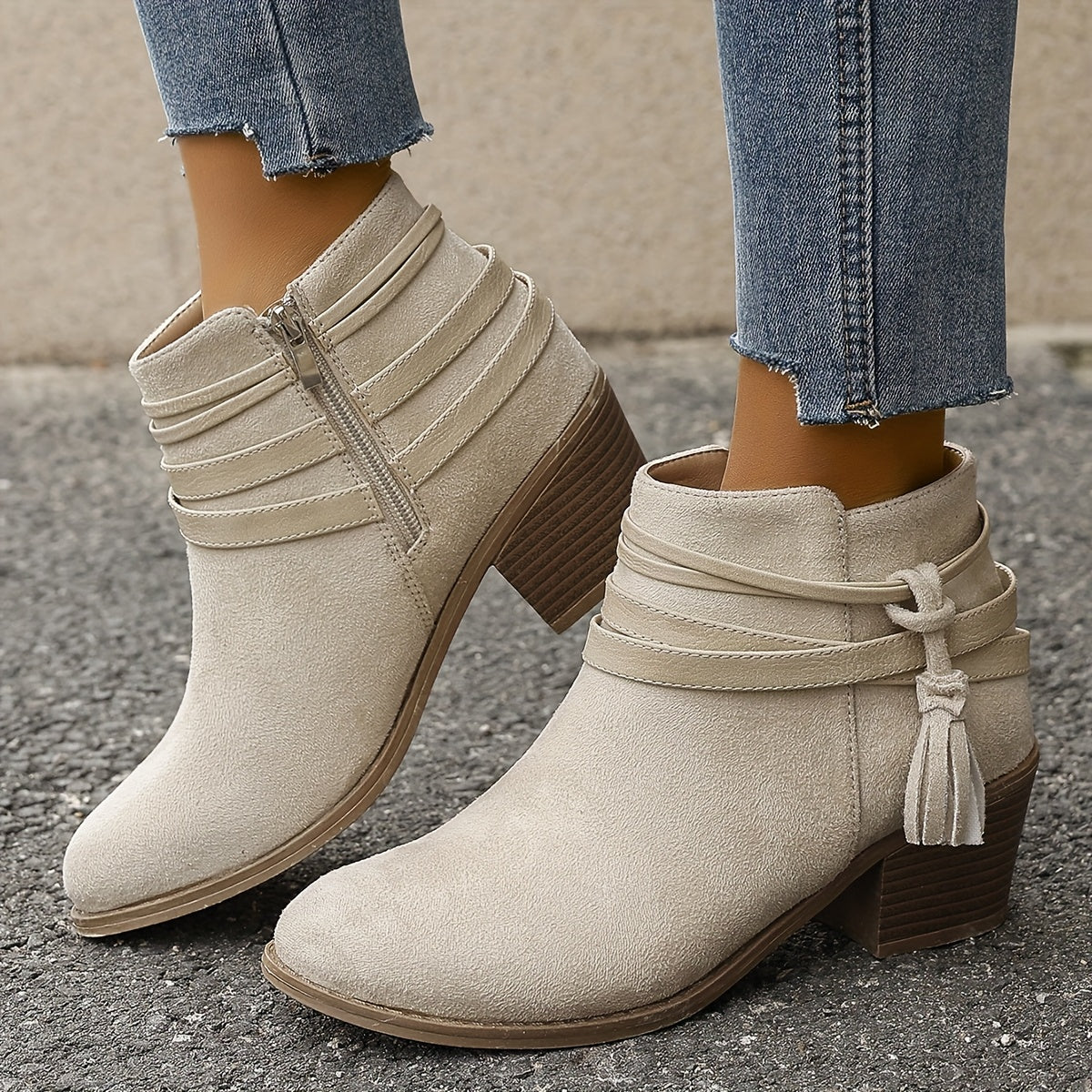 Women's Ankle Boots with Tassel Strap | Block Heel Booties, Pointed Toe and Side Zip | Size 5.5-10.5, Black or Beige