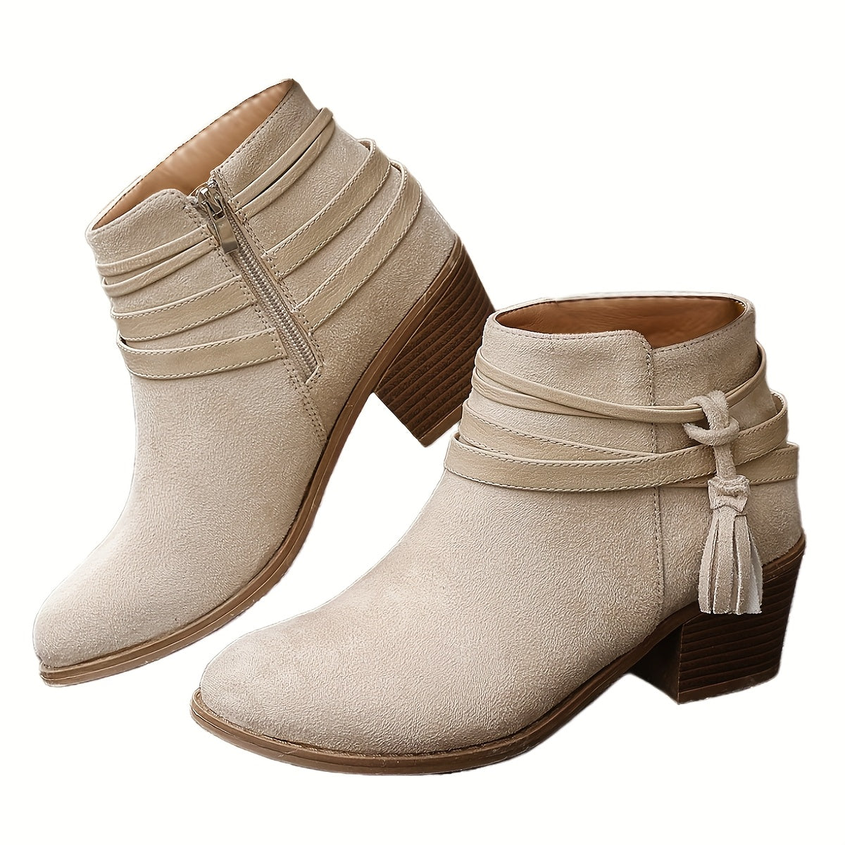 Women's Ankle Boots with Tassel Strap | Block Heel Booties, Pointed Toe and Side Zip | Size 5.5-10.5, Black or Beige