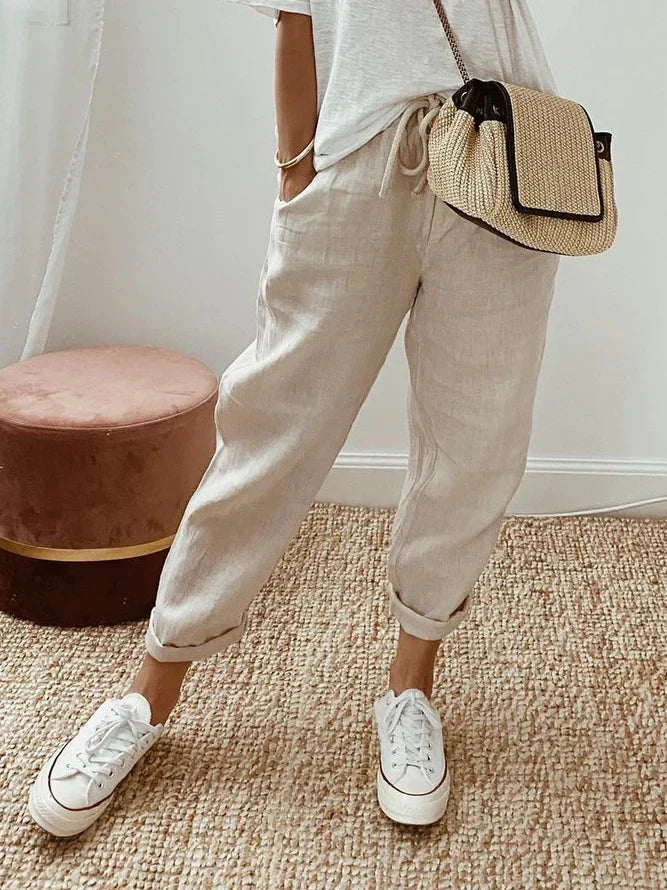 Rebecca | Women's Linen Drawstring Casual Pants with Side Pockets