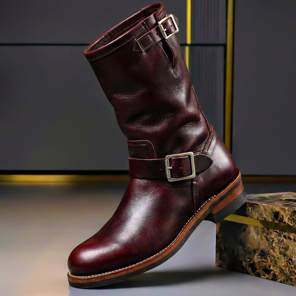 Sullivan | Mens Aged Leather Retro Boots with Buckles | Cushioned Insoles, Grip Sole | Brown, Burgundy and More US 6-14.5