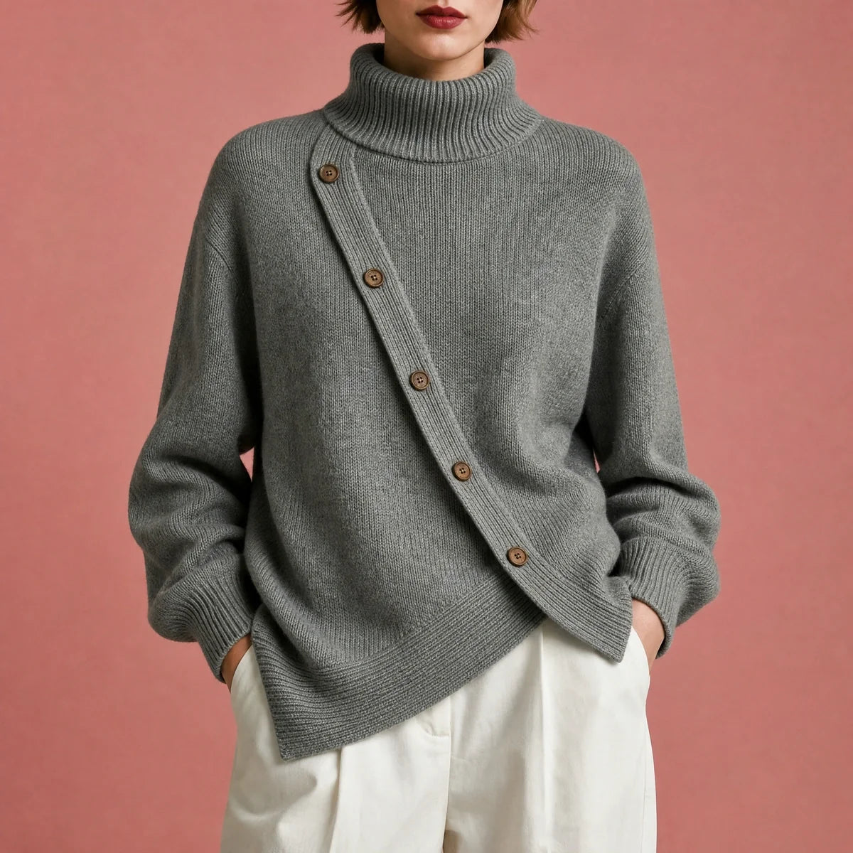 Eira High Neck Asymmetric Button Wrap Sweater